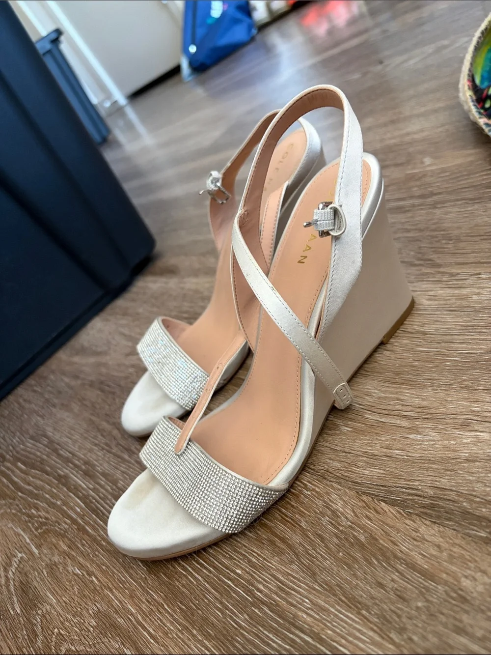 Satin Slingback Wedge Sandals in Ivory with Rhinestone Strap